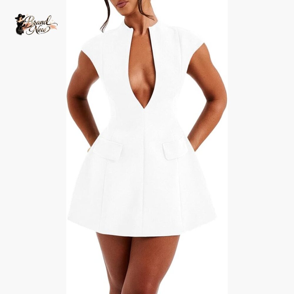 Sexy Cap Sleeve Deep V Neck A-Line Mini Dress Hollow Bodycon Party